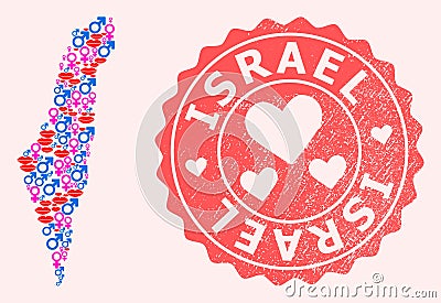 Composition of Sexy Smile Map of Israel and Grunge Heart Stamp Vector Illustration