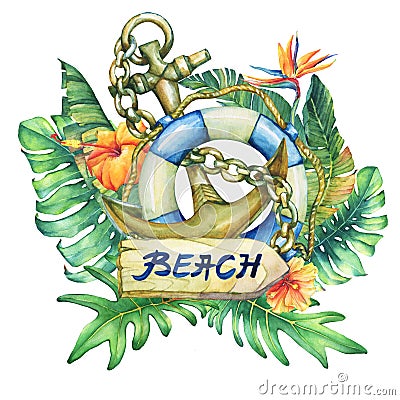 Composition with ship lifebuoy, anchor, flowers and tropical plants. Stock Photo