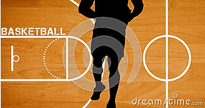 Composition of silhouette of basketball player over basketball court Stock Photo