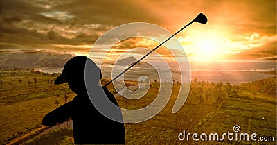 Composition of silhouette of golf player over landscape with copy space Stock Photo