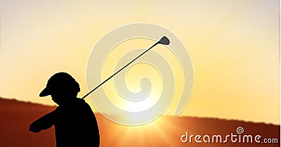 Composition of silhouette of golf player over landscape and sun setting with copy space Stock Photo