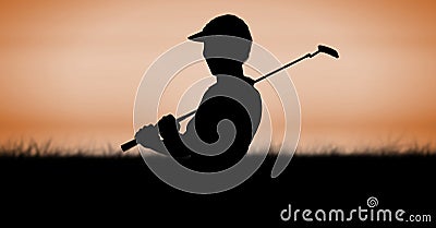 Composition of silhouette of golf player over orange sky with copy space Stock Photo