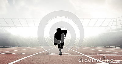 Composition of silhouette of man running on stadium over light blur Stock Photo