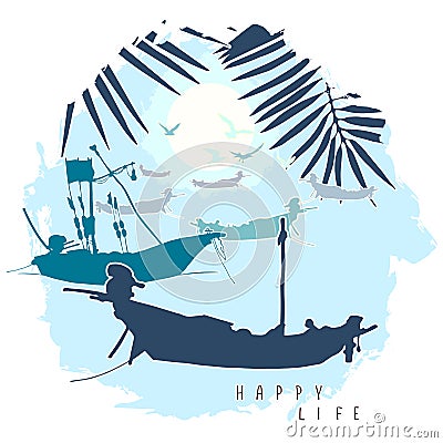 Composition with silhouettes of boats, palm leaves and flying seagulls against the background of the evening sky. Vector Illustration