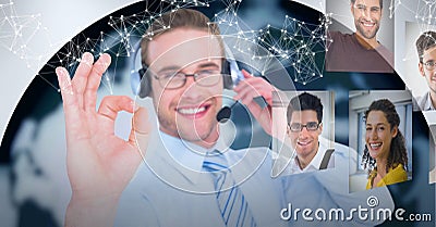 Composition of smiling businessman wearing phone headset with network of people's photographs Stock Photo