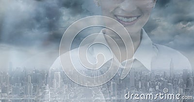 Composition of smiling businesswoman over cityscape Stock Photo