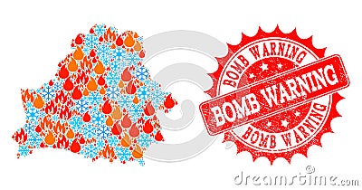 Mosaic Map of Belarus of Fire and Snowflakes and Bomb Warning Distress Seal Vector Illustration