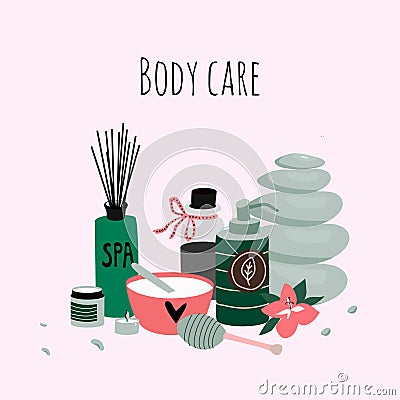 Composition of spa elements for aroma therapy, stone treatment ,body care, wellness center, relax, health, massage, meditation. Vector Illustration