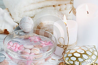 Composition of spa treatment on wooden background Stock Photo