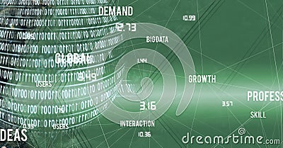 Composition of technology text, binary coding and network of connections on green background Stock Photo