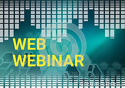 Composition of text web webinar in yellow on green and grey grid and hexagons Stock Photo