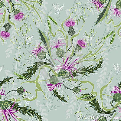 Composition of a thistle flower. Seamless pattern with Milk Thistle Vector Illustration