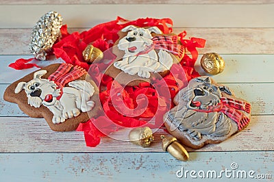 Composition of three gingerbread cookies in shape of dogs and christmas decorations on table Stock Photo