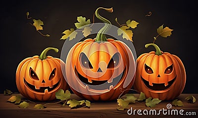 A composition of three pumpkins for Halloween with cheerful faces and smiles. Stock Photo