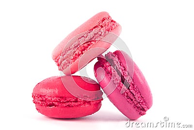 Composition of three raspberry, tasty biscuit cakes on white background closeup Stock Photo