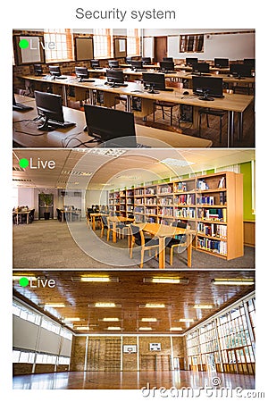 Composition of three security camera screens with live text and school interiors Stock Photo