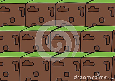 Composition of tightly grouped rows of grass topped earth brown building blocks Stock Photo