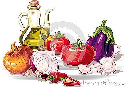 Composition with tomatoes, eggplant, onion, olive oil and hot pe Stock Photo