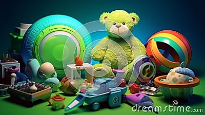 Composition of toys and items related to newborn baby boys with vivid colors background Stock Photo