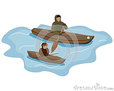 Composition traditional Eskimo man and child floating kayak with paddle isolated on white background. Man training float kid on Vector Illustration