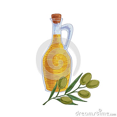 Composition of transparent glass pitcher full of fresh extra virgin olive oil and tree branch with fruits. Corked jug Vector Illustration