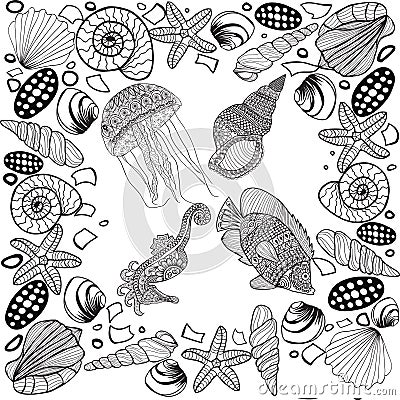 composition of tropical fish, seahorse, jellyfish, shell, underwater corals. Vector Illustration