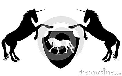 Composition of two black reared unicorns and white unicorn, painted on the shield Stock Photo