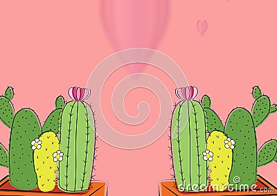 Composition of two pots with cactus with pink hearts on pink background Stock Photo