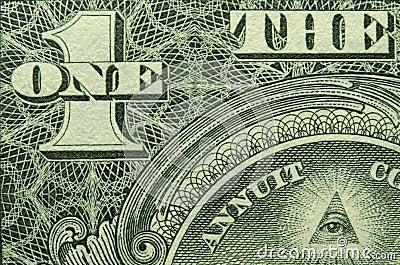 Eye and ONE and THE from a US one dollar bill. Stock Photo