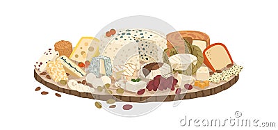 Composition of various cheeses on plate vector illustration. Collection of lactic product on rustic wooden board Vector Illustration