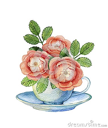 Composition with vintage porcelain cup and wild roses. Cartoon Illustration
