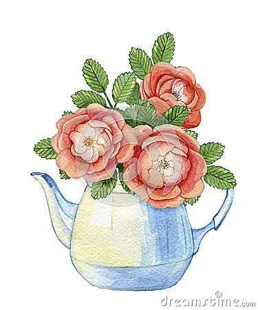 Composition with vintage porcelain teapot and wild roses. Cartoon Illustration