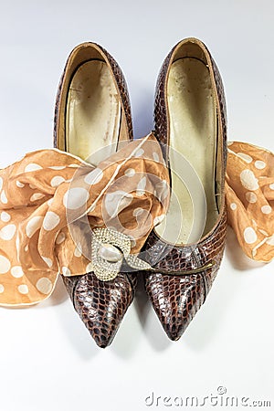 Composition with vintage women`s snakeskin shoes, polka dot scarf, and rhinestone calla lily brooch on whit Stock Photo