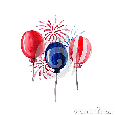 Composition of watercolor balloons painted in the color of the flag of America Stock Photo