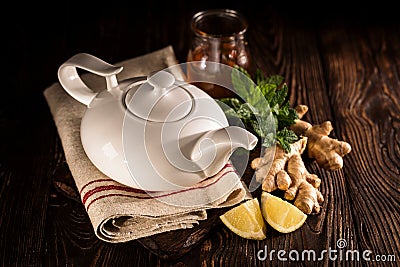 Freshly brewed organic tea in pot Stock Photo