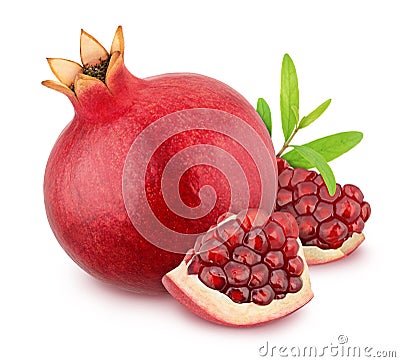 Composition with whole and cutted pomegranates with leaves isolated on white background. As design element. Stock Photo