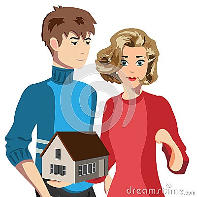 Composition wife and husband holding small house Vector Illustration