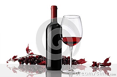 Composition of wine bottle and glass with bunch of grapes Stock Photo