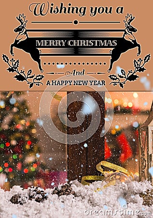 Composition of wishing you a merry christmas and a happy new year text over winter scenery and snow Stock Photo