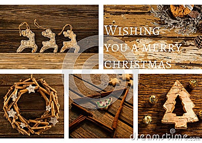 Composition of wishing you a merry christmas text over images of christmas decorations in background Stock Photo