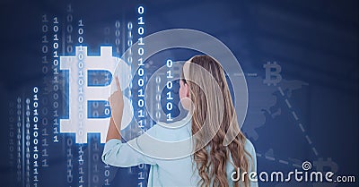 Composition of woman touching virtual screen with bitcoin symbol and binary coding Stock Photo