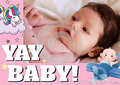 Composition of yay baby text and photo of caucasian baby Stock Photo
