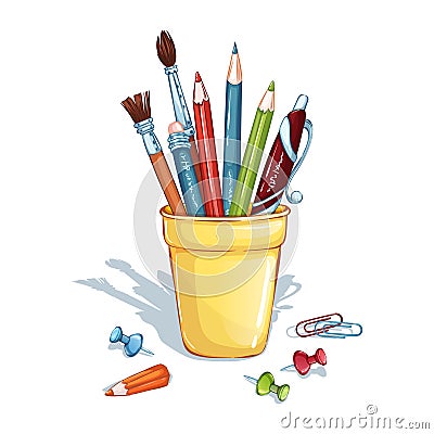 Composition with a yellow stand with pencils, pens and brushes, pushpins and paper clips. Vector Illustration