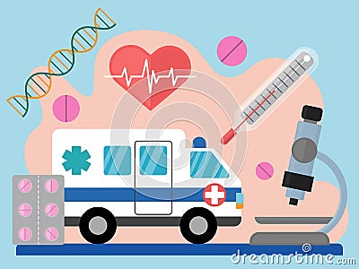 compositional image consists of ambulance, thermometer, microscope, heartbeat,pills and dna elements Vector Illustration
