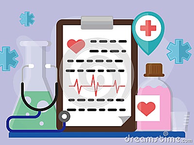 compositional image consists of bottle of syrup, clipboard, stethoscope, medical sign and lab flask Vector Illustration