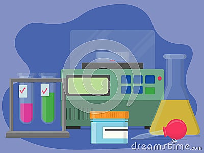 compositional image consists of labs test tubes, incubator, glass flask, pipette and bottle with cap Vector Illustration