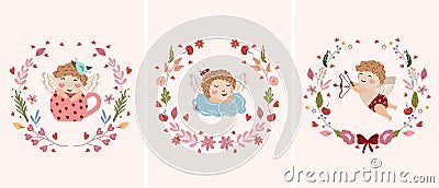 Compositions with cute cupids in different poses, a dreamy angel on a cloud, cupid shooting from a bow, and sitting in a Vector Illustration