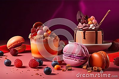 compositions of desserts. cakes, berries and macaroons oh the table. generative AI Stock Photo