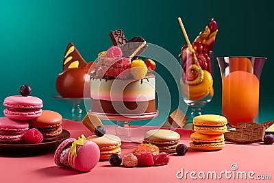 compositions of desserts. cakes, berries and macaroons oh the table. generative AI Stock Photo