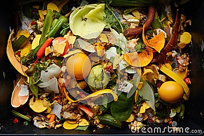 Compost container with mix vegetables and fruits peels and scraps. Outdoor compost bin for reducing kitchen waste Stock Photo